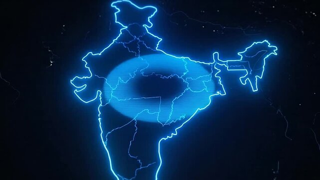 A glowing blue neon outline of a large landmass on dark background