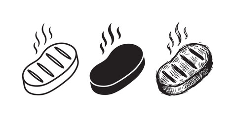 Fototapeta premium Hot Grilled Steak Icons with Steam in Line Art, Silhouette, and Engraved Sketch Styles
