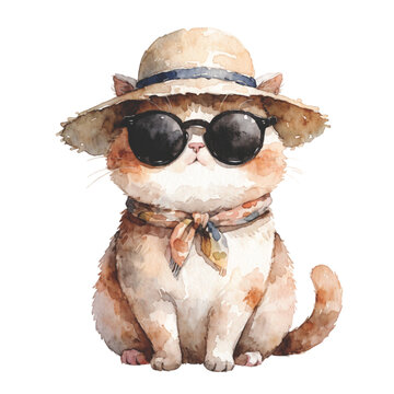kawaii cat with tiny paws wearing a summer beach hat and black sunglasses vector background 
