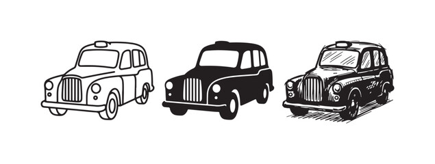 London black cab icons in outline, solid, and hand-drawn sketch styles, representing classic British taxis and urban transportation. © Ірина Гринюк