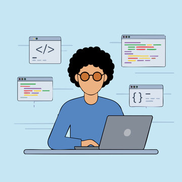 Programmer working on laptop with code editor windows illustration
