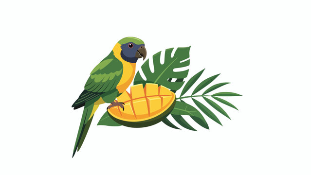 A colorful parrot eating a mango.