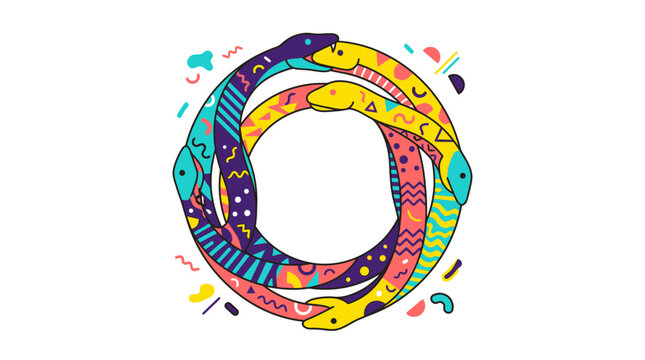 Colorful Pop Art Ouroboros Illustration - Vibrant Circular Snakes Design with Geometric Patterns and Memphis Style Elements

