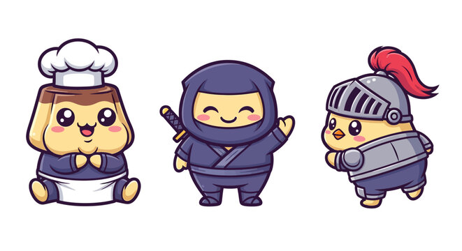 Cute cartoon characters dressed as chef ninja and knight.