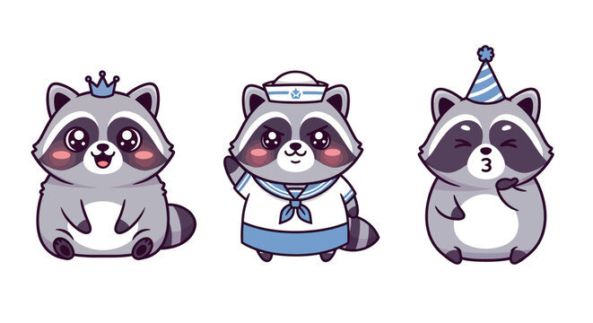 Cute Cartoon Racoon Characters in Festive Costumes and Hats.