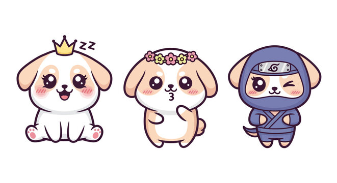 Three Cute Cartoon Puppies in Funny Costumes Collection.