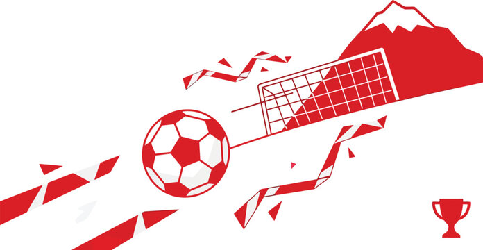 Soccer ball flies toward a goal net situated near a mountain peak in a minimalist red and white illustration.