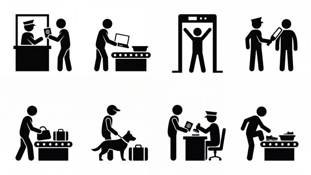 Airport security and customs procedures pictogram set simple stick figure icons for international travel safety and regulatory information