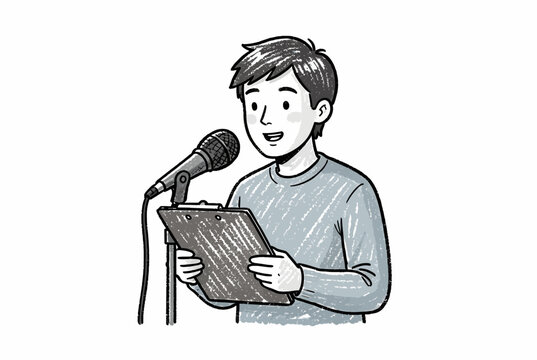 Young Boy Reading Script Into Microphone.