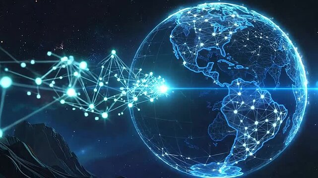 A glowing digital globe connects to a complex data network stream
