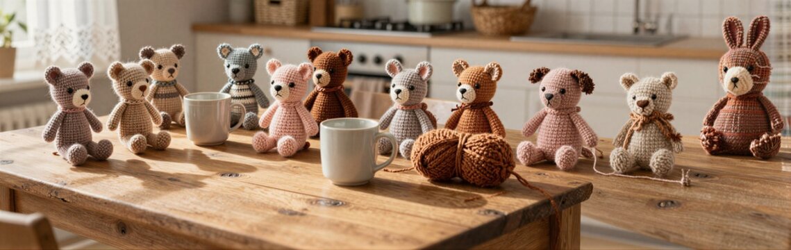 Crocheted teddy bears lined up on wooden kitchen table