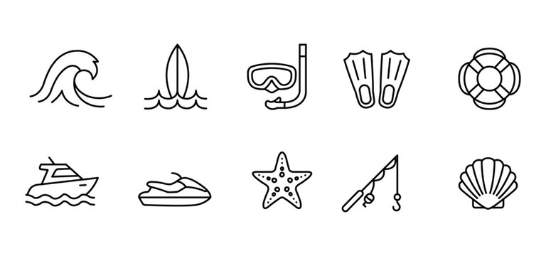 Wave surfboard snorkel flipper lifebuoy yacht jetski starfish fishing rod seashell line icon set featuring ocean wave surfboard snorkel flipper lifebuoy yacht jetski starfish fishing rod seashell
