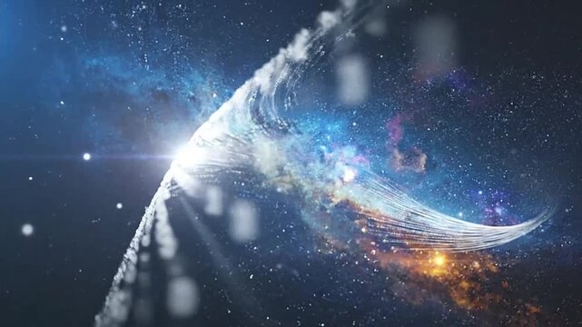 Digital binary code streams through a vast cosmic space background