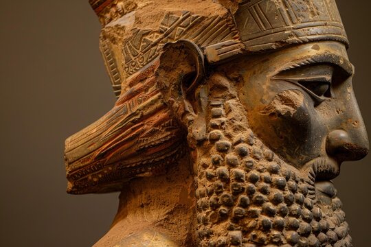 Close up profile view of an ancient mesopotamian king statue, highlighting the intricate details of his headdress and beard