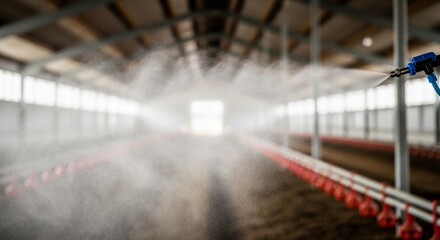 Naklejka premium Misty disinfection spray system operating in a large agricultural facility interior, creating a sanitizing atmosphere for health and hygiene.