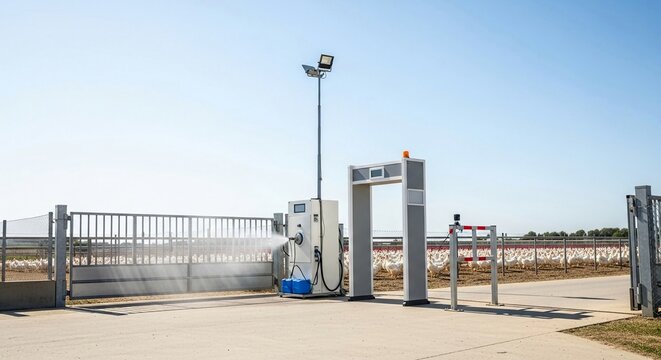 Metal detector archway and security equipment at outdoor checkpoint