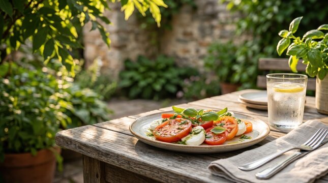 Fresh caprese salad with tomatoes, mozzarella cheese and basil leaves on rustic wooden table, healthy Italian appetizer, summer garden dining, organic food photography