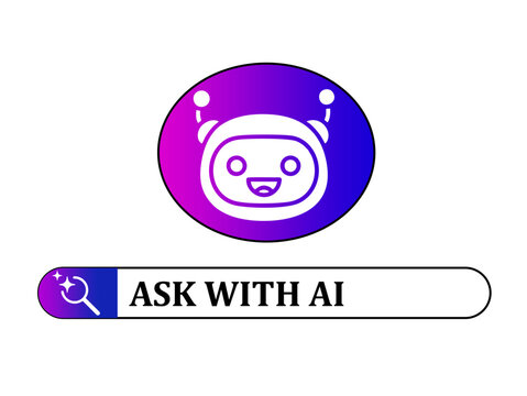 Colorful ask with AI robot logo with a smiling face and a gradient purple background for futuristic technology and innovation designs
