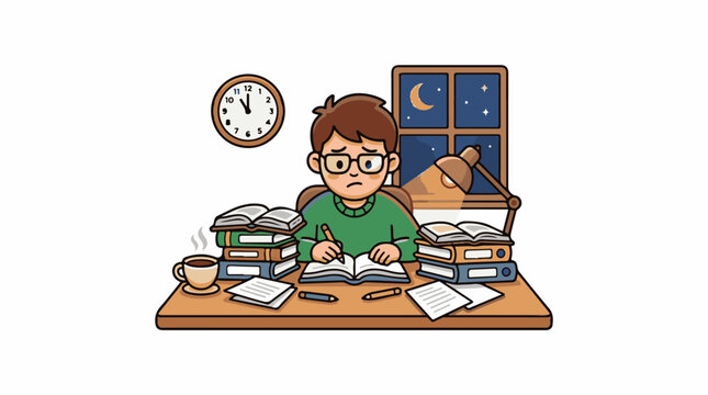A cartoon man studies at a desk surrounded by books