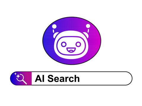 Colorful AI search robot logo with a smiling face and a gradient purple background for futuristic technology and innovation designs