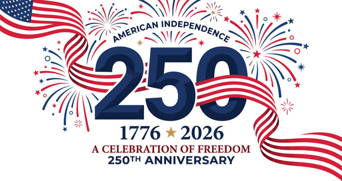 A festive graphic design celebrating the two hundred fiftieth anniversary of american independence featuring a wavy united states flag and colorful fireworks on white background