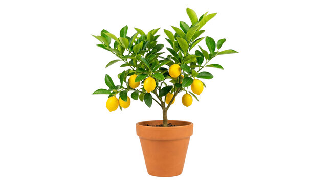 Potted lemon tree with ripe yellow fruit and green leaves, citrus limon plant in terracotta clay pot, indoor gardening and home decor greenery isolated PNG with Transparent Background