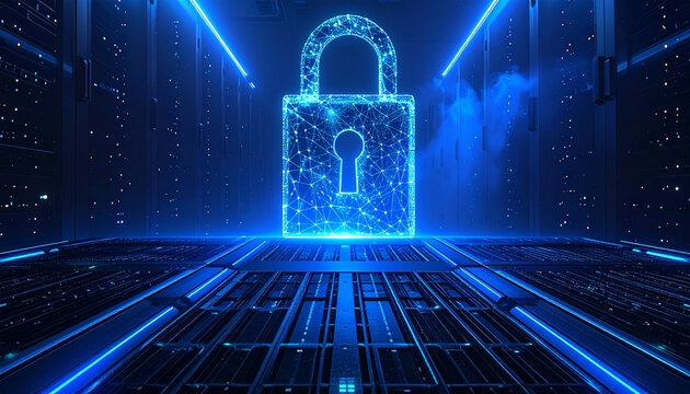 Digital Security Padlock: A glowing blue digital padlock illuminates a futuristic server room, symbolizing data protection and cybersecurity in the digital age.