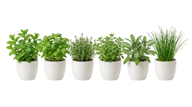 Fresh aromatic herbs in white ceramic pots, collection of 6 culinary herb plants, green basil mint thyme sage and chives for kitchen gardening isolated PNG with Transparent Background