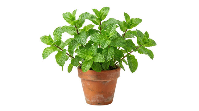 Fresh green mint plant in terracotta clay pot, aromatic peppermint herb growing in ceramic planter, organic culinary herbs for home gardening isolated PNG with Transparent Background