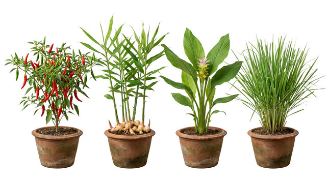 Fresh culinary herbs in terracotta pots, collection of chili pepper ginger turmeric and lemongrass plants, organic home garden spices isolated PNG with Transparent Background