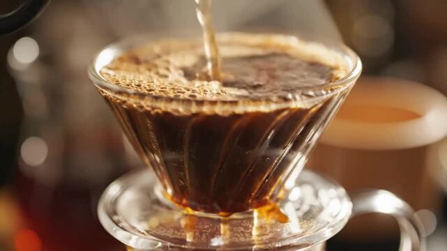 Close up of hot water pouring over fresh coffee grounds in glass dripper for a perfect manual brew
