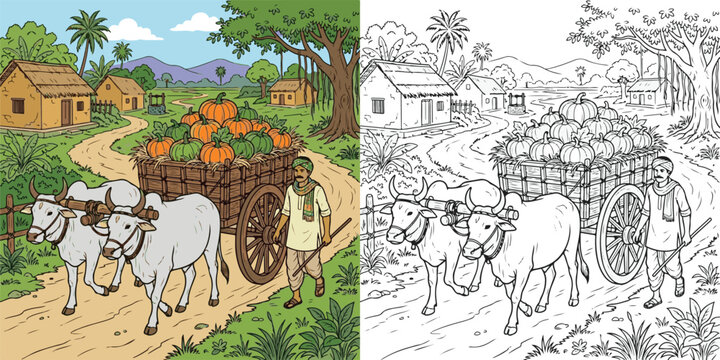Farmer Transporting Harvest Crops with Traditional Ox Cart in Rural Village, Bullock Cart Loaded with Agricultural Produce in Countryside Farming Scene, colouring book for kids.