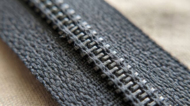 Close up of a gray zipper detail with textured fabric and metallic elements