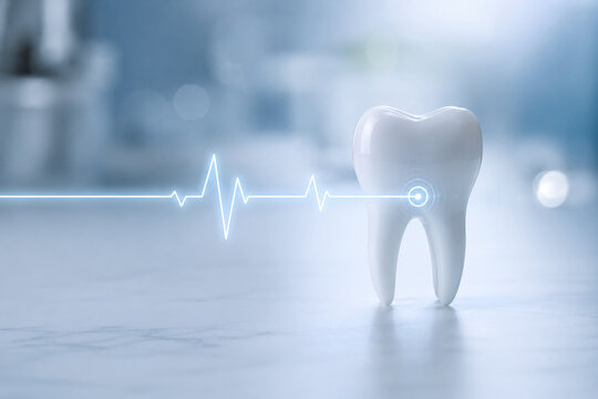 AI generated dental health monitoring concept pristine tooth linked to medical pulse line representing preventive care oral wellness healthcare technology