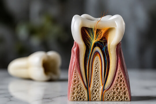 AI generated detailed dental anatomy cross section showing tooth structure nerve pathways roots enamel dentin oral healthcare education clinical precision