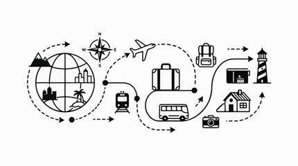 Fototapeta premium A black-and-white infographic depicting a travel itinerary with various modes of transportation