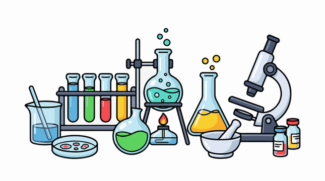 A colorful cartoon illustration of various laboratory equipment and tools