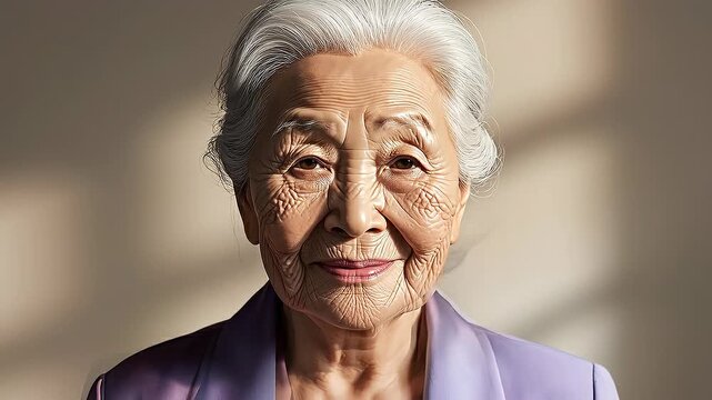 Portrait of confident mature Asian woman with gray hair wearing blue jacket looking at camera
