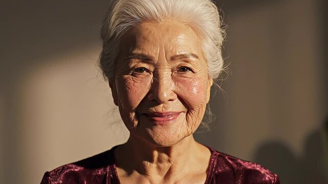 Portrait of serene elderly woman with white hair and wrinkled face wearing a purple blouse in soft light