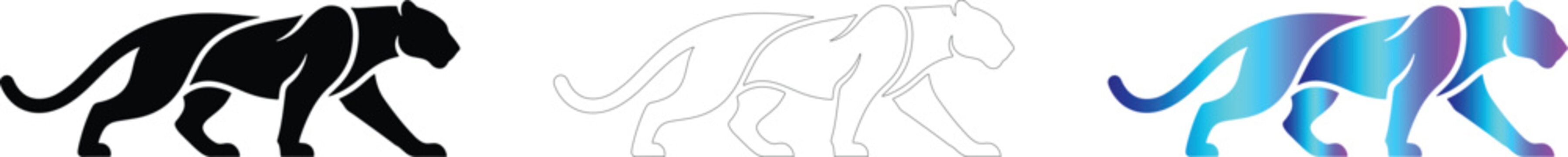 Set of three stylized panther icons including silhouette, outline, and gradient designs