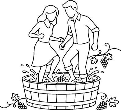 Couple stomping grapes in a wooden barrel illustration.
