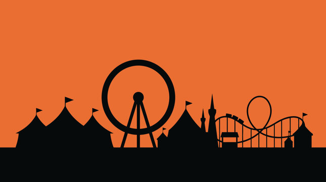 Black silhouette of carnival skyline against orange background.