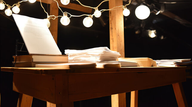 backstage. A table in the wings of a stage, stacked with bound scripts under dramatic lighting. event programs, museum guides, designed for cultural heritage projects and event programs.
