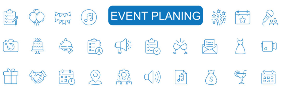 Event planning set of web icons in linear style. Event and celebration icons set. Containing decorations, venue, event planner, registration, entertainment, catering, invitations, coordination. Vector