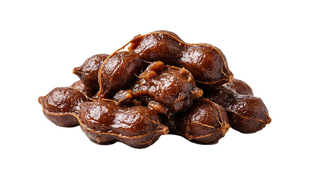 Pile of whole unpeeled tamarind pods on white background with tamarind tropical ingredient
