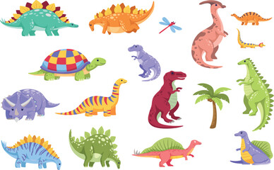 Cute cartoon dinosaurs and prehistoric animals collection featuring tyrannosaurus rex triceratops stegosaurus palm tree and dragonfly vector illustration set isolated on white background © Lili Begum