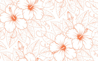 Hibiscus Tropical Border Leaf Line Art Seamless Pattern for Fabric Wallpaper Textile Background Beach Resort Summer Gift Wrap Stationery Vector Illustration © InfinoArt