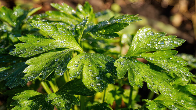 lovage. Fresh green lovage leaves glistening with morning dew. gardening catalogs, home-decor guides, designed for home decor and floral branding, used by recruiters.
