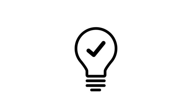 light bulb with check mark animation for success and innovation concepts on transparent background. Animated light bulb with check mark symbol representing validated ideas and innovation.