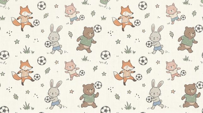 Cute animal friends dribble soccer balls on a cheerful patterned field during daytime